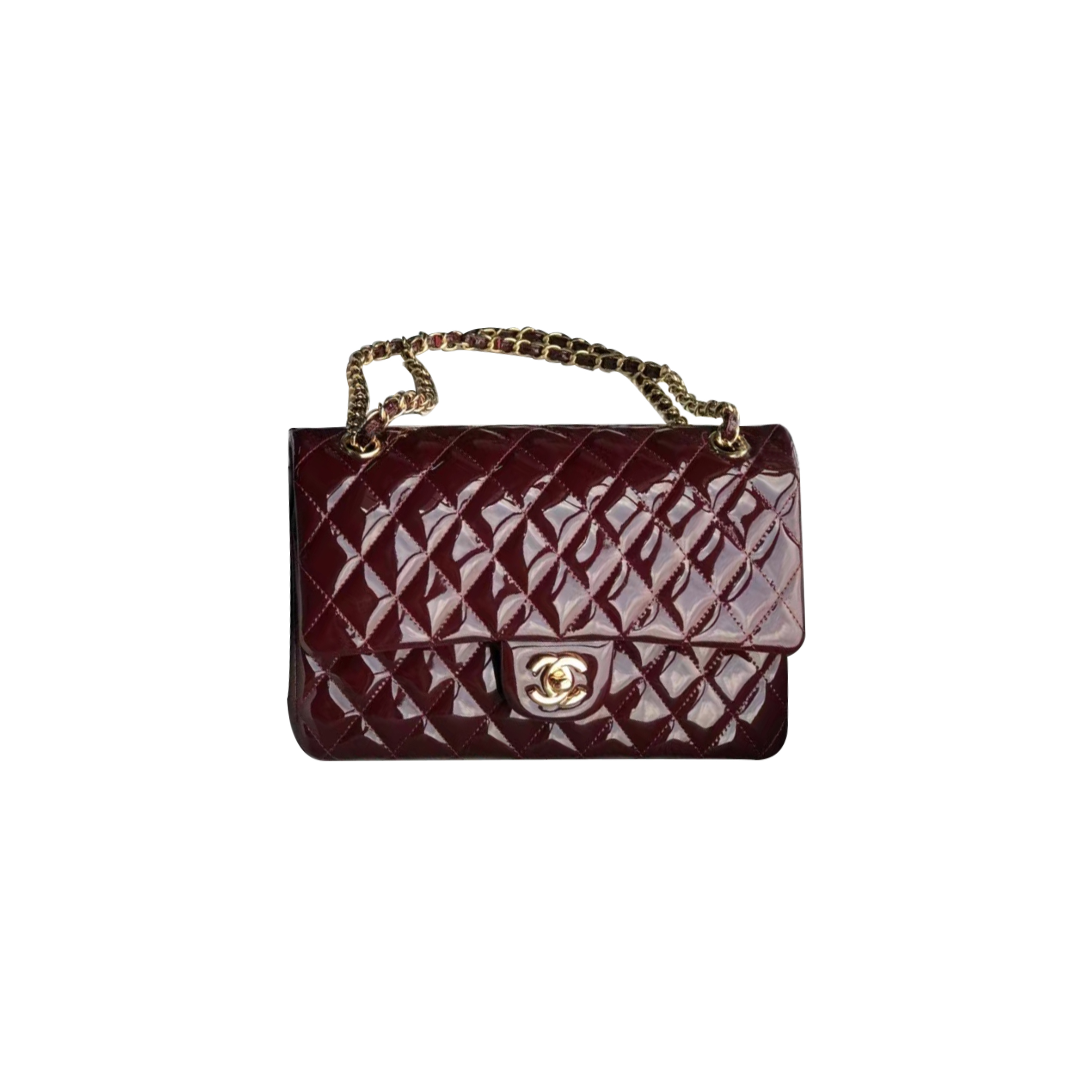 Ch*el patent calfskin quilted medium double flap dark red gold buckle a01112 (25*15*6cm)